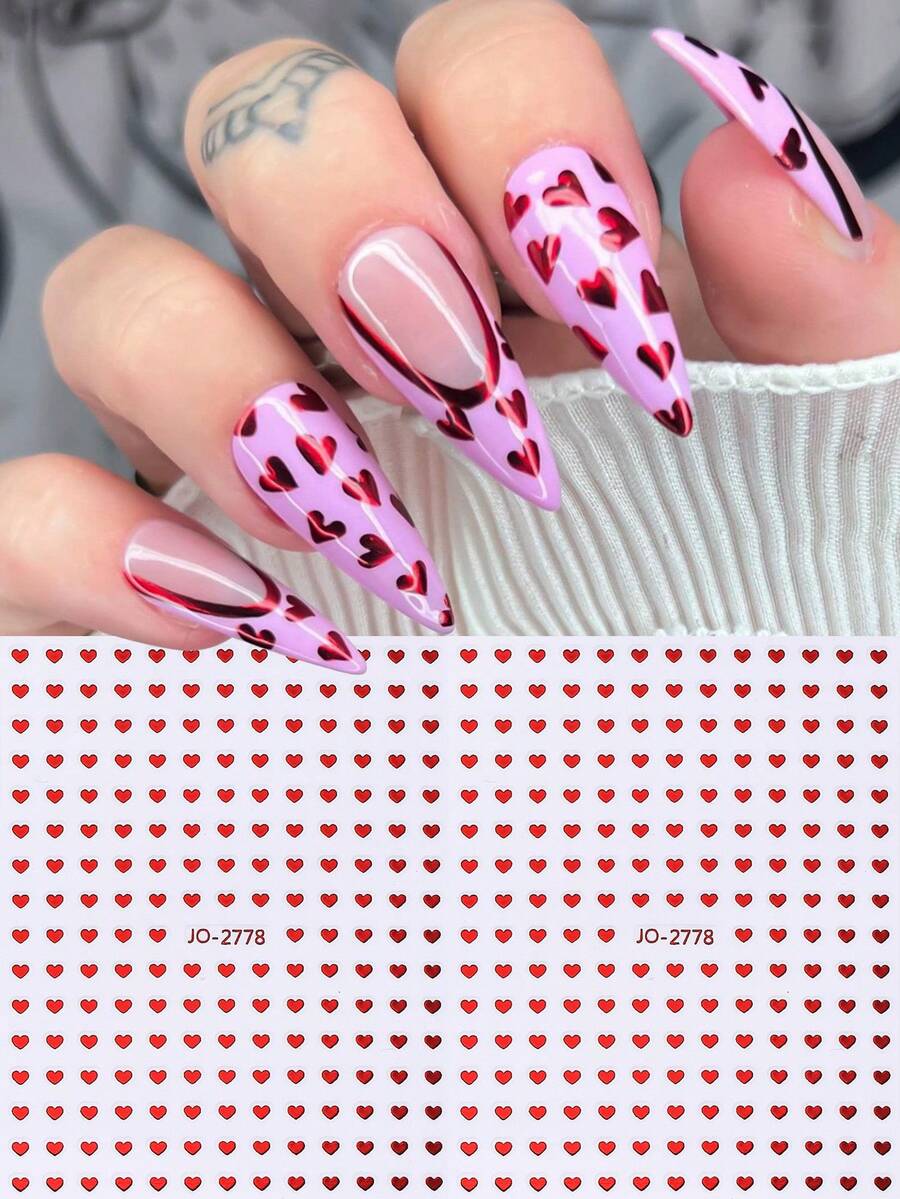 2pcs Mini Red Heart Metal Nail Art Stickers Heart Print Metallic Red Nail Decals Valentine's Day Holiday Nail Decals Self Adhesive 3D Manicure Decoration Accessories For Women&Girls Salon DIY - Red - View 1