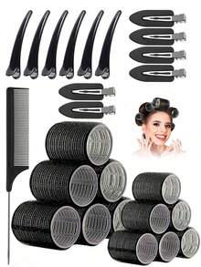 25 peças/Conjunto de Bobes com Presilhas, Bobes Autoadesivos, Adequados para Cabelos Longos, Médios, Curtos e Franjas, Ferramentas de Penteado DIY (Inclui 12 Bobes Grandes + 6 Presilhas de Cabelo de Jacaré + 6 Presilhas de Folha + 1 Pente de Cauda), Volta às Aulas, Acessórios de Cabelo - Preto - Visão 11