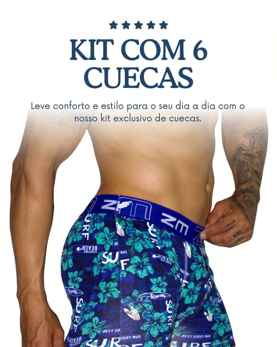 Kit com 6 Cuecas Boxer Estampada em Poliéster Premium Cueca Box Adulto Masculina Conforto e Qualidade