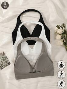 3PCS Halter Neck Wireless Bralette, Ribbed Seamless Deep V Crop Bra For Yoga, Layering & Daily Wear - Multicolor - View 1