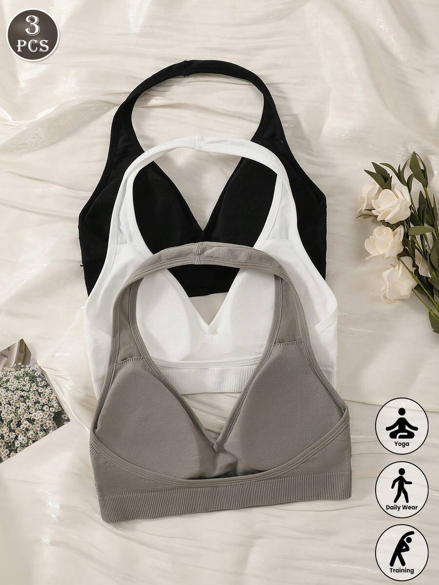 3PCS Halter Neck Wireless Bralette, Ribbed Seamless Deep V Crop Bra For Yoga, Layering & Daily Wear - Multicolor - View 1