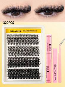 Kit de extensión de pestañas DIY con 320 piezas de rizo D, pestañas postizas individuales suaves y esponjosas de 30D-60D, incluye pegamento para pestañas, removedor y pinzas - Negro - Ver 11