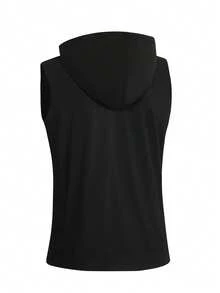 Men's Summer Black Sleeveless Hooded Vest, Fashion Solid Color Sports Hoodie - Black - View 4