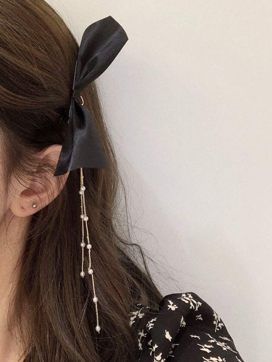 1件裝女款優雅復古鏈條黑色蝴蝶結珍珠髮夾,適合派對、聚會與外出(鏈條長度與珠子數量隨機) - 黑色 - 查看 1