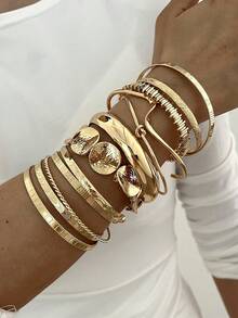 12/7pcs Vintage Elegant Wide Plain Metal Disc Beaded Elastic Bracelet Set, Suitable For Women's Daily, Party, Vacation And Multi-Occasion Wear, Gift - Gold - View 4