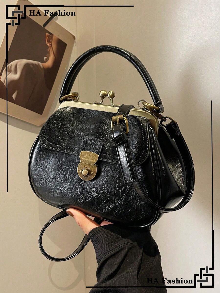 復古鎖扣女士手提包,有質感又時尚的扣環錢包,可揹肩或斜揹的多用途包 - 黑色 - 查看 1