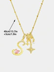 1pc Gold Letter Pendant Necklace With Pink Heart Gemstone & Shiny Star Pendant Stainless Steel Collarbone Chain, Cute Y2K Sweet Style Women Girls Jewelry - Yellow Gold - View 4