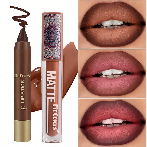 Fit Colors Matte Lipstick & Lip Liner Set, Long-Lasting Color, Waterproof & Fade-Resistant, Non-Drying, New Formula Easy To Apply, Suitable For Beginners, Daily Wear & Party Makeup