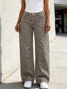 Women's Leopard Print Low Waist Jeans, Casual Straight Leg Pants, Zipper Detail, Non-Stretch Fabric, Suitable For Autumn Wear - Rust Brown - View 2