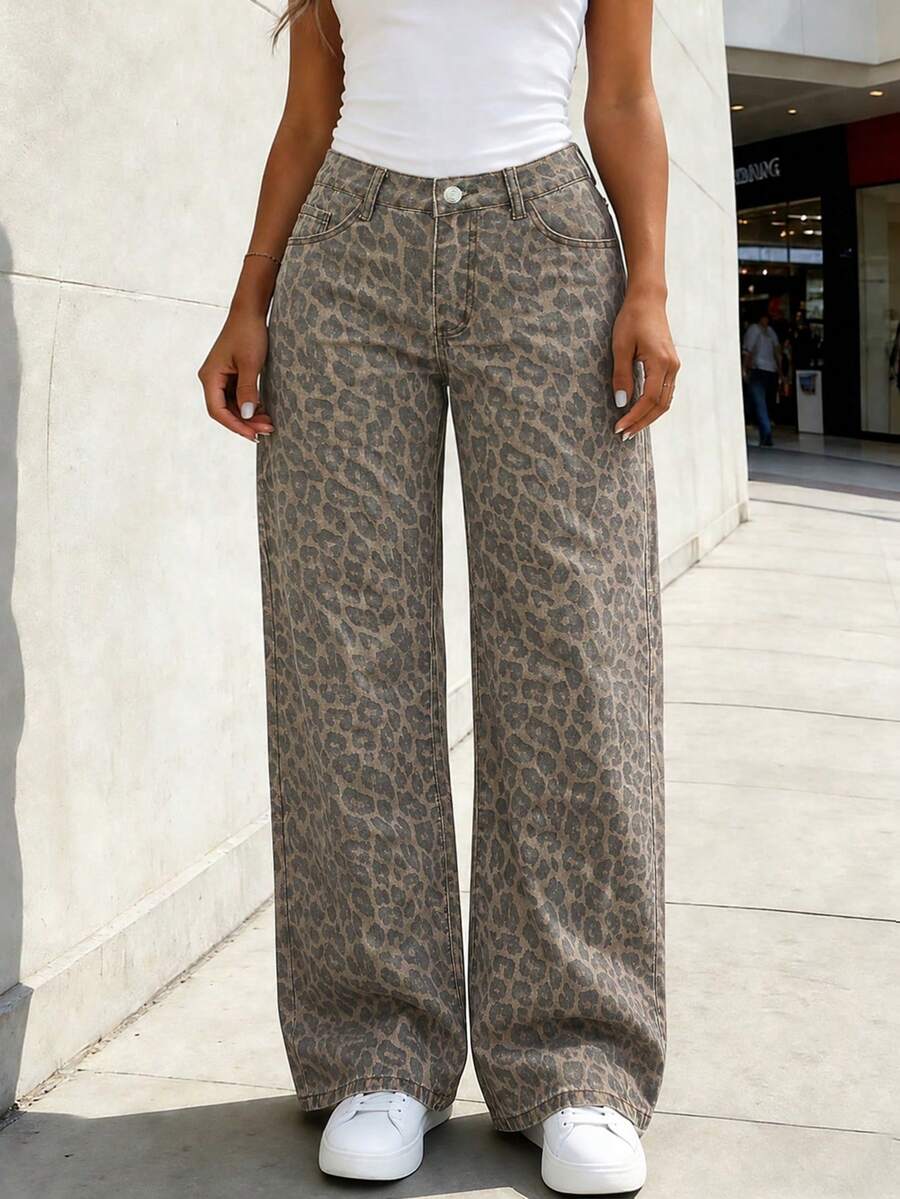 Women's Leopard Print Low Waist Jeans, Casual Straight Leg Pants, Zipper Detail, Non-Stretch Fabric, Suitable For Autumn Wear - Rust Brown - View 1