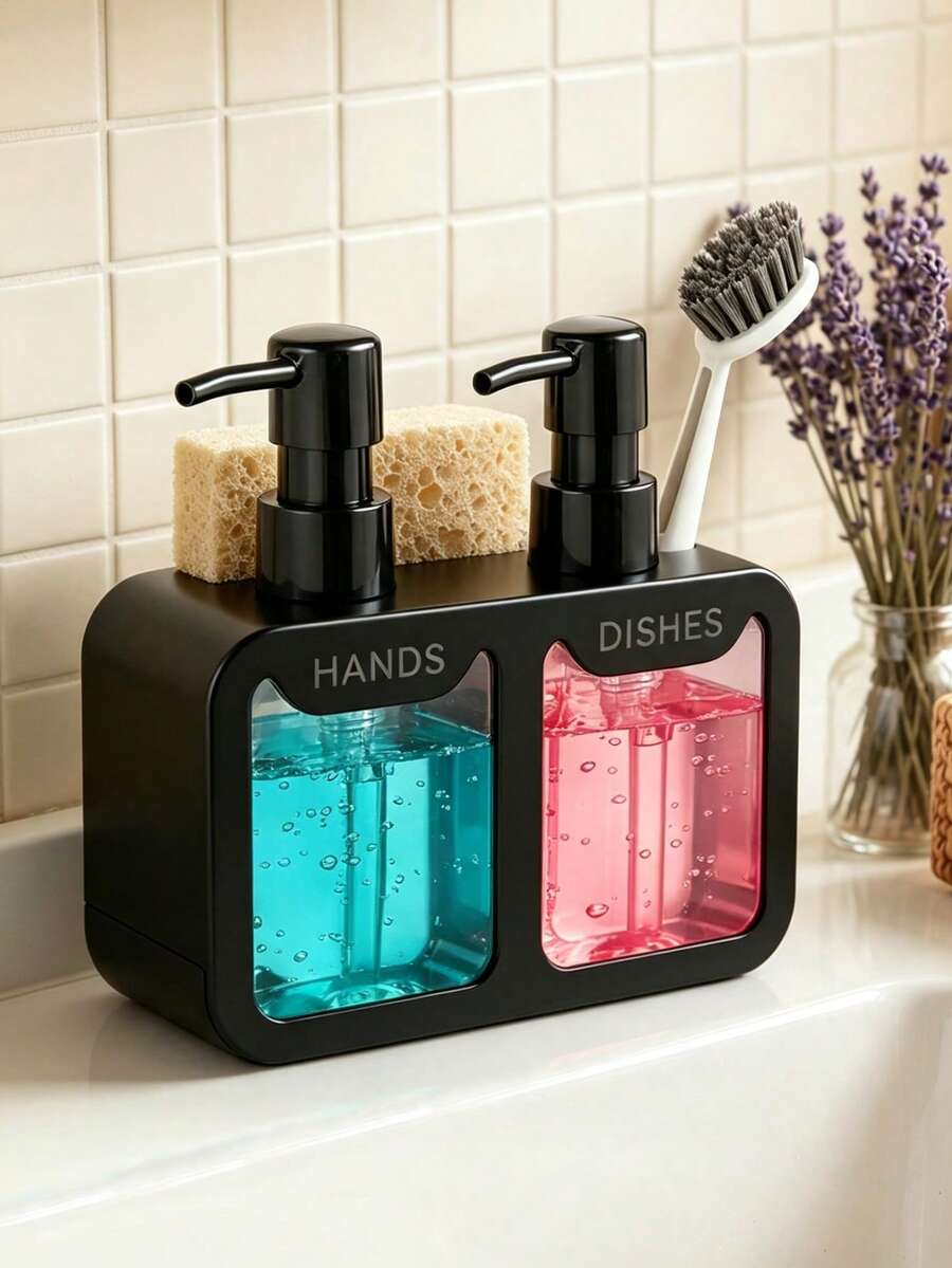 2pcs Kitchen Soap Dispenser Set, Dual-Head Manual Press Bottle, 4-In-1 Soap Dispenser With Storage And Drainage Function, Suitable For Kitchen Sink, Bathroom 1/2pcs