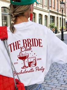 1件女款夏季圓領短袖T恤上衣，INS風格，Bridal Club，單身女派對，雞尾酒印花圖案休閒白色T恤 - 白色 - 查看 2