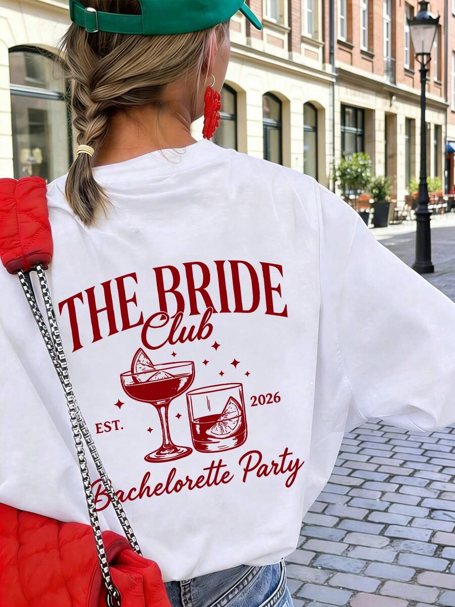 1件女款夏季圓領短袖T恤上衣，INS風格，Bridal Club，單身女派對，雞尾酒印花圖案休閒白色T恤