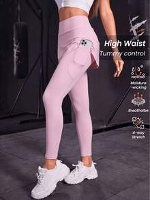 1pc Women's Long Pants With Skirt, Fashionable Hem Design, Dual Pockets, Soft & Comfortable Sporty Style, Pink - Pink - View 2