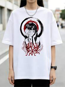 Retro Red Sun Circle Spider Lily Horror Graphic T-Shirt, Japanese Horror Anime Casual Tee - 白色 - 查看 1
