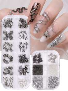 2 Boxes Gothic Halloween Metal Nail Art Charms, Snake Skull Cross Rivet, Silver Black Caviar Beads Rhinestone Chain, Punk Nail DIY Decoration - Multicolor - View 1