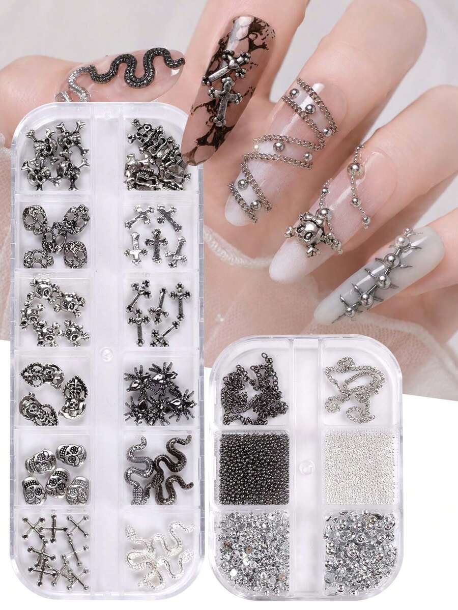 2 Boxes Gothic Halloween Metal Nail Art Charms, Snake Skull Cross Rivet, Silver Black Caviar Beads Rhinestone Chain, Punk Nail DIY Decoration - Multicolor - View 1