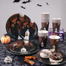 20/24/40pcs/Set Haunted Dark Forest Ghost Pumpkin Moon 7/9 Inch Round Paper Plates And Cups Set, Halloween Night Disposable Tableware, Gothic Garden Dinner, Dessert Table, Outdoor Picnic, Camping BBQ And Buffet Decoration - Multicolor - View 8