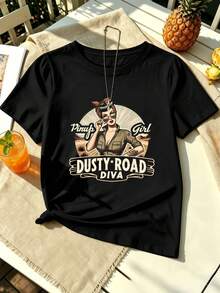 Women's Spring Vintage Pin-Up Graphic T-Shirt, Premium Cotton, Crew Neck, Relaxed Fit, Hip-Hop Street Style - Black - View 2