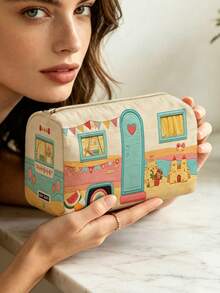 Campus Style Beach Bus Pattern Pencil Case/Stationery Storage Bag - Multi-Functional Large Capacity Design, Can Be Used To Store Office Supplies, Creative Multi-Functional Pencil Box Or Portable Travel Makeup Bag, Suitable For Students And Adults Daily Use, Meets Stationery Storage, Daily Organization, Overnight Travel, Vacation And Gym Storage Needs, Essential Dorm Room Item For Back To School (2D Pattern, Not Embroidered) - Multicolor - View 5