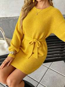 Plus Size Autumn/Winter New Daily Streetwear Solid Color Soft Slim Fit Mid-Length Tie Waist Knit Sweater Dress - Yellow - View 4