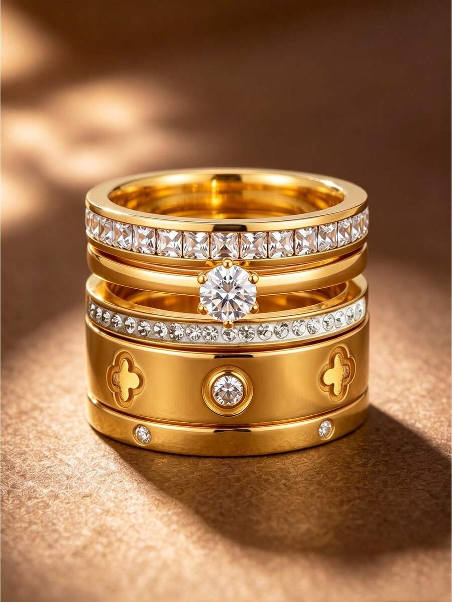 Camhanno 5pcs Dainty Stackable Stainless Steel Ring,18K Gold Plated Clover Crystal Band, Women Accessory - Gold - View 1