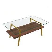 Coffee Table Made Of Tempered Glass, Rectangular Coffee Table, Metal Legs, Modern Living Room Table, H42.5/W98/D58 Cm - Blush+Gold - 查看 7
