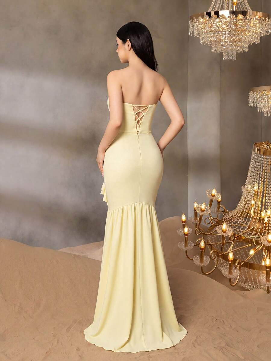 ALISA&LEO Teen Girl Solid Color Strapless Dress With Asymmetrical Ruffle And Waist Design, Suitable For Banquet, Event, Ceremony, Party And Other Occasions - Yellow - View 1