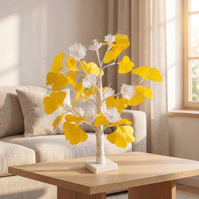 Artificial Birch Tree LED Fairy Lights, Gold Ginkgo Leaves And White Pine Cone Decor, Indoor Tabletop Decorative Lamp, Suitable For Christmas, Wedding, Bridal Shower, Home Living Room Tabletop Ornament And Birthday Gift, USB And Battery Powered