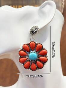 3 styles de boucles d'oreilles à tige vintage western orange-rouge turquoise, forme de tournesol/forme ronde de pièce embossée/forme de croix enroulée, accessoires de cowboy bohème western, convient pour les hauts en denim à décolleté bas, les voyages dans le désert, les tenues de style américain vintage, la combinaison de couleurs orange-rouge + bleu turquoise est la combinaison de couleurs emblématique des bijoux western - Style bohème - Voir 10