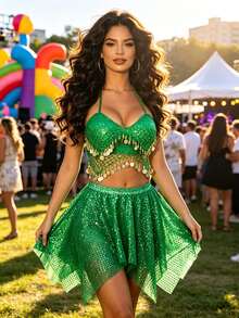 Exotic Festival Rave Party Dangling Sequin Coin Fringe Halter Crop Top, Irregular Hem Sequin Skirt For Costume Cosplay And Parade Events - Multicolor - View 19