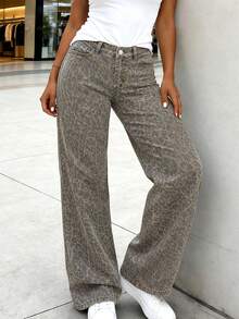 Women's Leopard Print Low Waist Jeans, Casual Straight Leg Pants, Zipper Detail, Non-Stretch Fabric, Suitable For Autumn Wear - Rust Brown - View 6