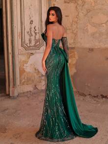 Faeriesty Vestido de Noche de Lujo sin Tirantes, Lazo de Organza, Falda de Cola de Sirena para Fiesta y Boda - Verde Oscuro - Ver 3