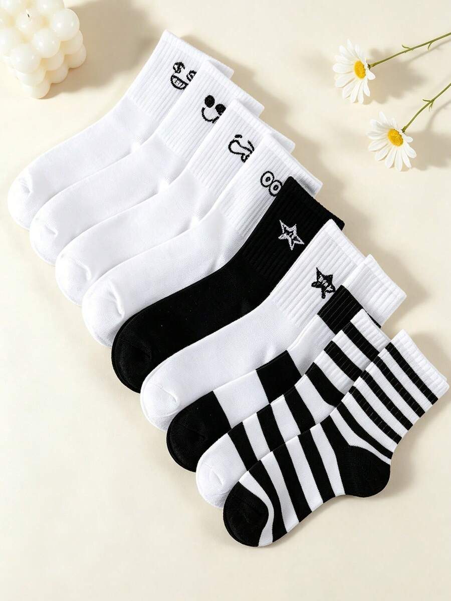 1/3/5/10 Pares de Meias Cano Médio Femininas Estilo Y2K em Cores Aleatórias, Estampa Fofa de Rosto e Estrela, Listradas em Preto e Branco, Tricotadas, Casuais para Escola e Uso Diário, Respiráveis, Alta Elasticidade, para Todas as Estações - Multicolorido - Visão 1