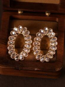 1pair Teardrop Cubic Zirconia Oval Gold Plated Hollow Sparkly Crystal Circle Earrings Luxury Elegant Jewelry For Women Wedding Party Daily Accessories - Yellow Gold - View 5