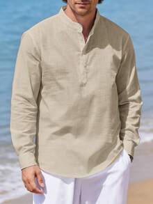 Men's Cotton Linen Long-Sleeved Shirt - Khaki 1 - View 8
