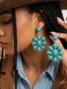 1 Pair Western Cowboy Vintage Exaggerated Blue Turquoise Pendant Earrings, Women's Ear Jewelry, Fashion High Quality - Multicolor - View 1