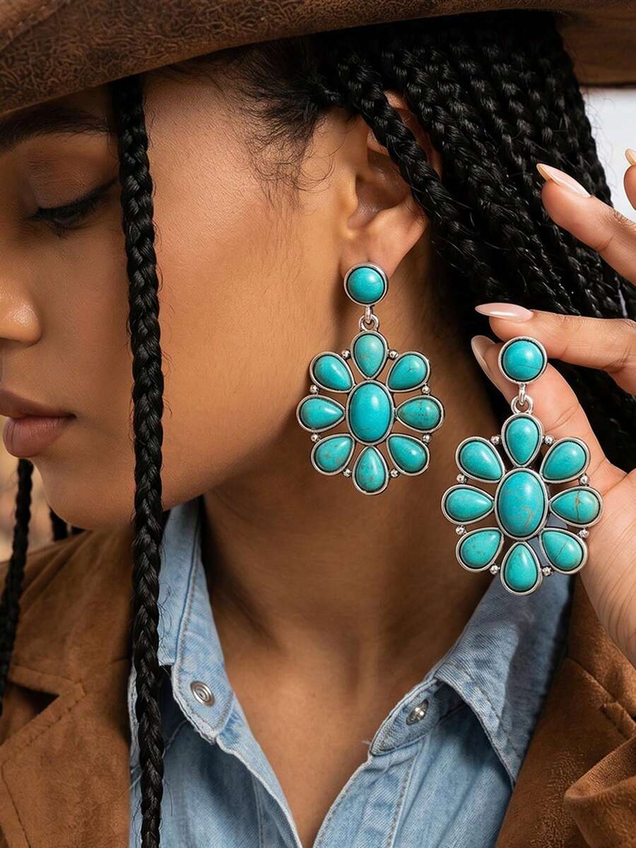 1 Pair Western Cowboy Vintage Exaggerated Blue Turquoise Pendant Earrings, Women's Ear Jewelry, Fashion High Quality - Multicolor - View 1