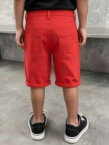 Young Boy Black Denim Shorts With Embroidered Logo, Distressed Wash, Adjustable Elastic Waistband, Stretch Denim Knee Length Pants - Red - View 11