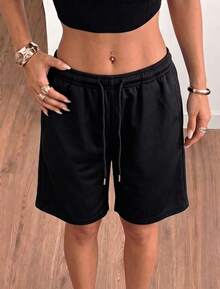 Women's Summer Casual Versatile 5-Point Shorts, Elastic Waist Drawstring Loose Drape Lazy Wide Leg Mid-Length Shorts, Fashionable - Black - View 2