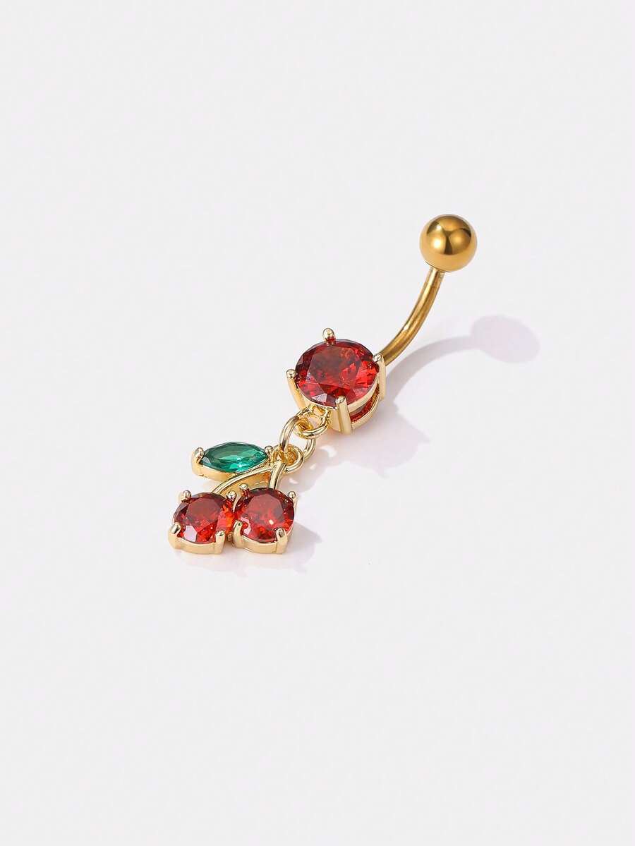 Kryxie Zirconia Copper Cherry Decor Pierced Navel Ring, Fashionable Body Jewelry For Women To Wear Daily Or For Party - Yellow Gold - View 1