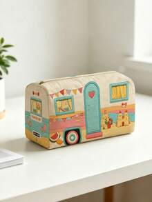 Campus Style Beach Bus Pattern Pencil Case/Stationery Storage Bag - Multi-Functional Large Capacity Design, Can Be Used To Store Office Supplies, Creative Multi-Functional Pencil Box Or Portable Travel Makeup Bag, Suitable For Students And Adults Daily Use, Meets Stationery Storage, Daily Organization, Overnight Travel, Vacation And Gym Storage Needs, Essential Dorm Room Item For Back To School (2D Pattern, Not Embroidered) - Multicolor - View 6