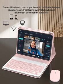 無線鍵盤與滑鼠套組，相容 iPad A16 11代/10代、9代/8代/7代 10.2 吋、Air 10.9 吋/11 吋、Pro 11 吋，PU 皮革平板配件，可拆卸無線鍵盤（150mAh 電池）與附筆槽保護殼 - 粉色 - 查看 5
