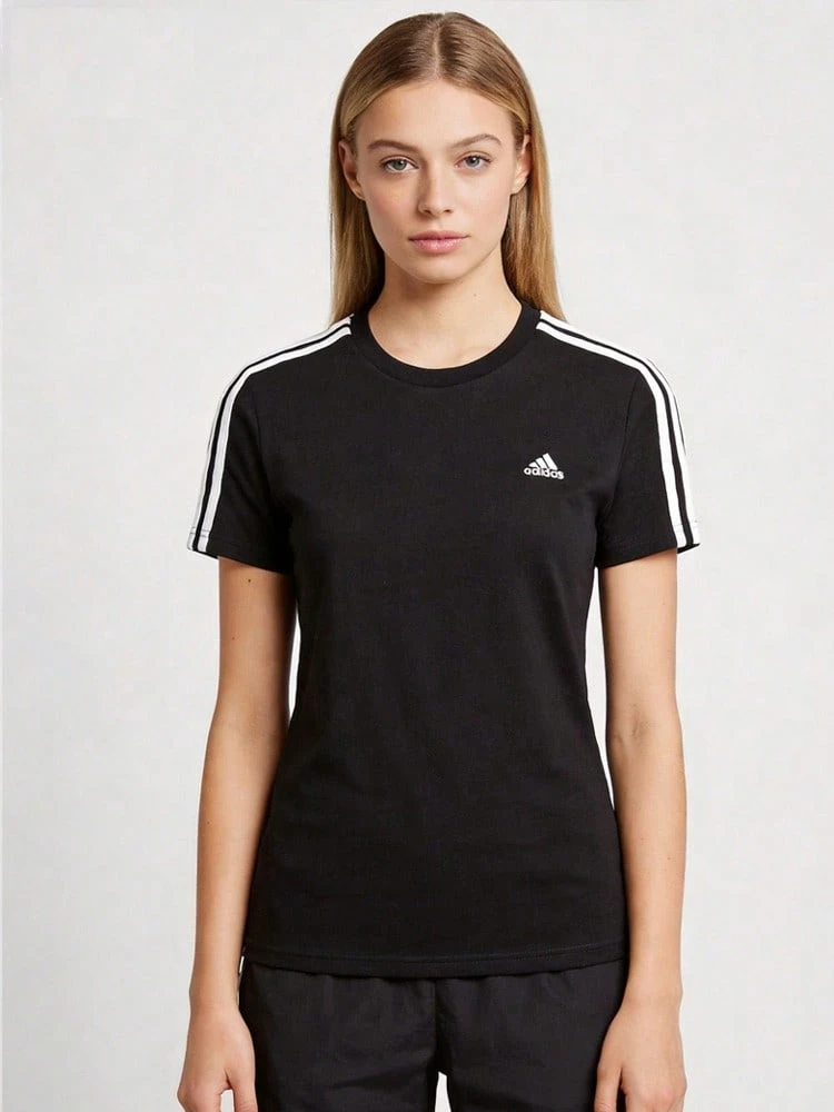 Adidas ESSENTIALS W 3s T Black American Retro Three Stripes Print Sport Crew Neck Short Sleeve T-Shirt For Women - Black - View 1