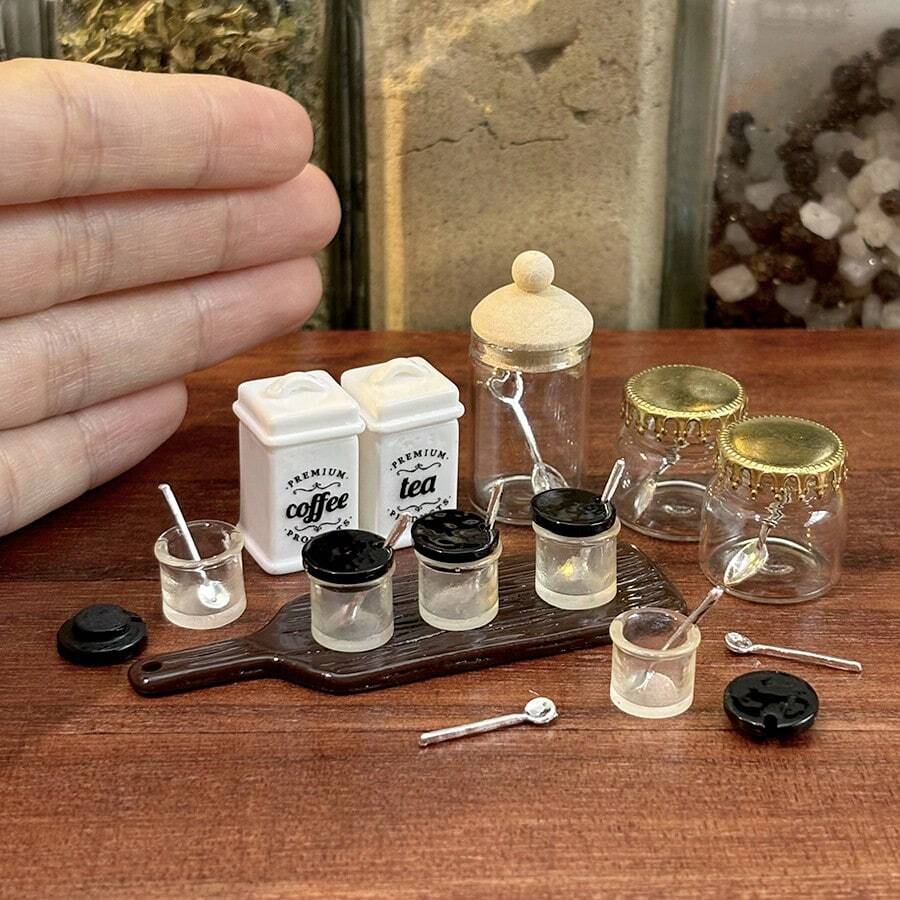 1:12 Scale Mini Seasoning Jars With Spoons And Tea Canister Model, Dollhouse Kitchen Scene Storage Jars Decor Set, Suitable For Miniature Photography And Desktop Display - one-size - View 1