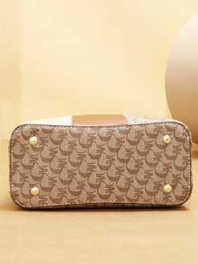 Retro Allover Letter Print Handbag Combo, Color Block Splicing Shoulder Bag With Detachable Adjustable Strap & Gold Metal Hardware - Brown - View 9