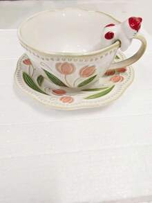 300ml Vintage Distressed Embossed Tulip Coffee Cup & Saucer Set, Reactive Glaze Floral Ceramic Cup For Afternoon Tea, Breakfast Cup, Milk Cup, Latte Art Cup, Gift - Multicolor - View 11