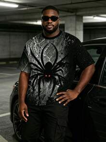 "Ink Splatter Spider Web Giant Spider Print" Pattern Men Plus Size Sports Top, Fun T-Shirt, Summer - Polyester Knit Fabric, Crew Neck Design, Regular Fit - Dark Grey - View 1