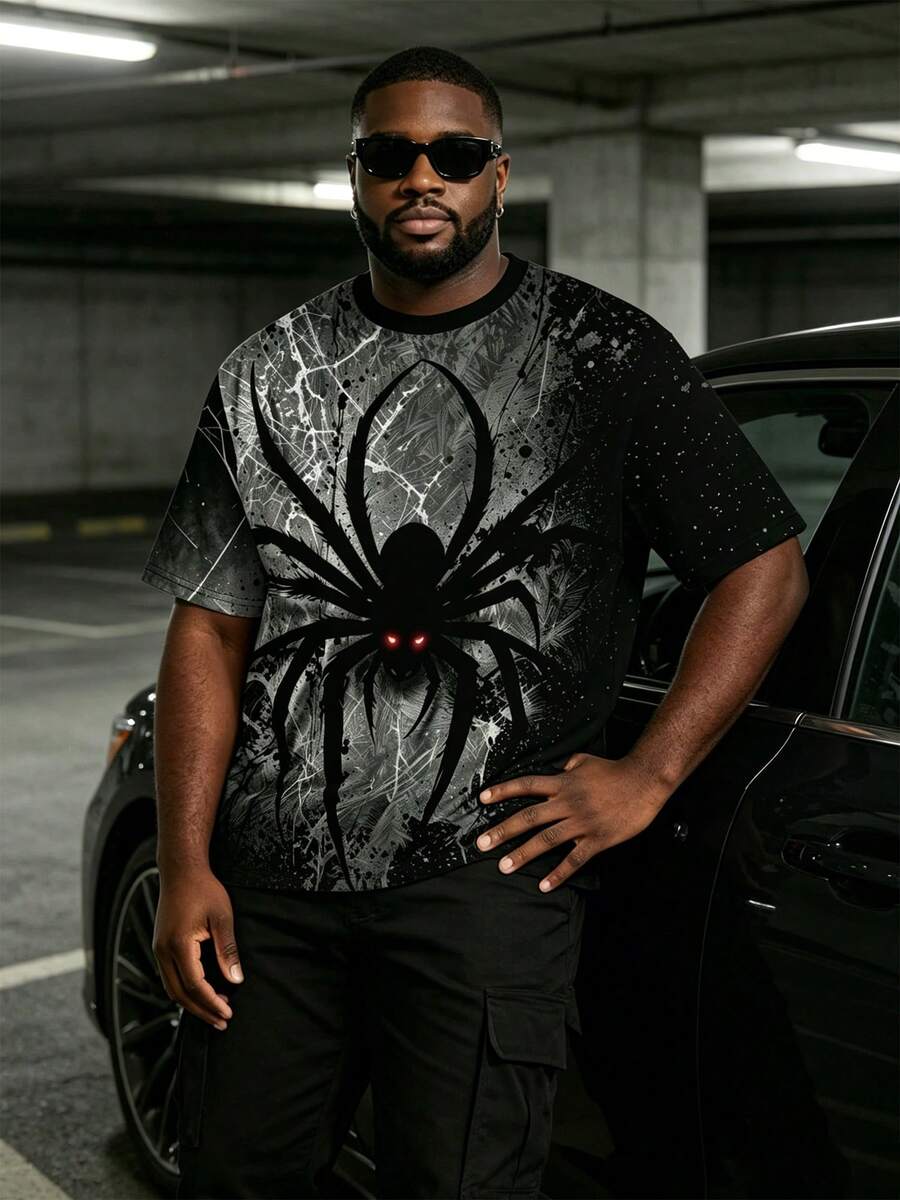 "Ink Splatter Spider Web Giant Spider Print" Pattern Men Plus Size Sports Top, Fun T-Shirt, Summer - Polyester Knit Fabric, Crew Neck Design, Regular Fit - Dark Grey - View 1