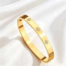 1 peça/3 peças Pulseira Feminina Transfronteiriça, Joia de Aço Inoxidável de Luxo com Zircônia de Alta Qualidade, Strass Completo e Concha Branca, Moda Não Desbotante - Dourado - Visão 4